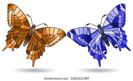 A set of illustrations in a stained glass style with  butterflies, insects isolated on a white background, tone brown and blue