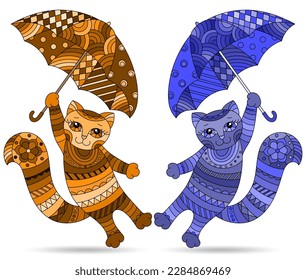 Set of illustrations in a stained glass style with cute cartoon cats with umbrellas, animals isolated on a white background, tone blue and brown