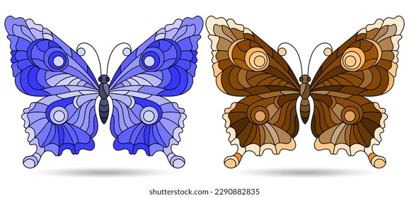 A set of illustrations in a stained glass style with  butterflies, insects isolated on a white background, tone blue and brown