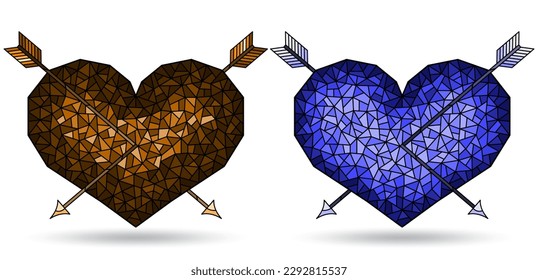 Set of illustrations in stained glass style with abstract hearts and arrows, isolated on a white background, tone blue and brown