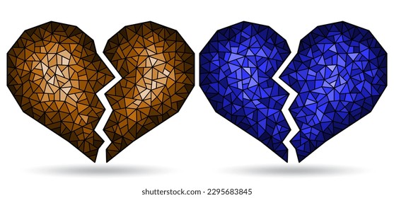 Set of illustrations in stained glass style with abstract broken hearts, isolated on a white background, tone blue and brown
