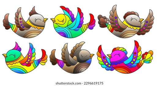 Set of illustrations in a stained glass style with bright birds, animals isolated on a white background