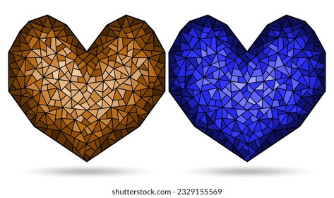 Set of illustrations in stained glass style with abstract  hearts, isolated on a white background, tone blue and brown