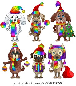 Reihe von Illustrationen im Buntglasstil mit lustigen Cartoon-Hunden, Tiere einzeln auf weißem Hintergrund