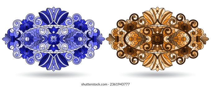 A set of illustrations in a stained glass style with abstract botanical elements, isolated on a white background, tone blue and brown
