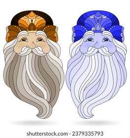 Set of illustrations in stained glass style with masks portraits of Santa Claus, isolated on a white background, tone blue and brown