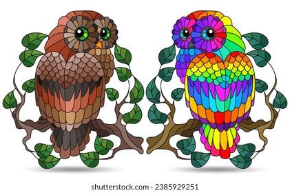 Set of  illustrations in stained glass style with a cute owls on a branches, dark contours on white background