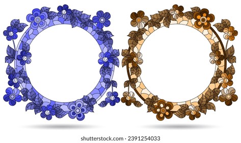 Set of illustrations in stained glass style with flower wreaths, flower frames isolated on a white background, tone blue and brown