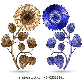 Satz von Illustrationen im Buntglasstil mit Blumen, Blumen einzeln auf weißem Hintergrund, Ton Blau und Braun