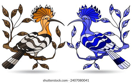 Set of illustrations in stained glass style with a hoopoe birds, animals on branches isolated on a white background, tone blue and brown