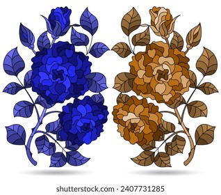 A set of illustrations in a stained glass style with a rose flowers, isolated on a white background, tone blue and brown