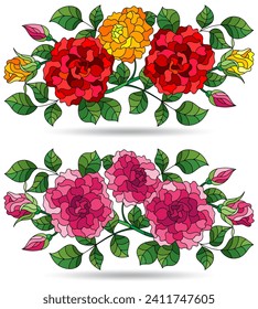 A set of illustrations in a stained glass style with bright rose flowers, isolated on a white background