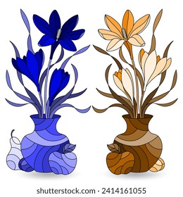 Set of illustrations in the stained glass style with floral still lifes and fruits, compositions isolated on a white background, tone blue and brown