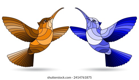 A set of illustrations in a stained glass style with Hummingbird birds isolated on a white background, tone blue and brown