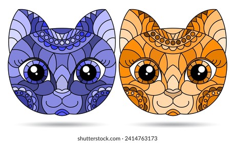 A set of illustrations in the stained glass style with the faces of cute cartoon cats, animals isolated on a white background, tone blue and brown