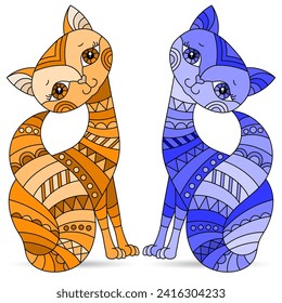 Set of illustrations in stained glass style with a cats, animals isolated on a white background, tone blue and brown
