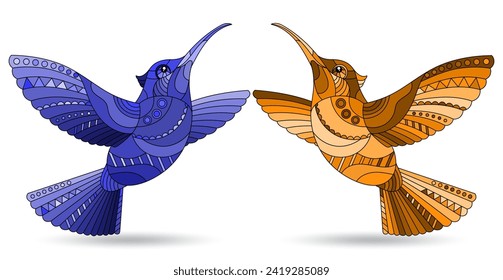 A set of illustrations in a stained glass style with Hummingbird birds isolated on a white background, tone blue and brown