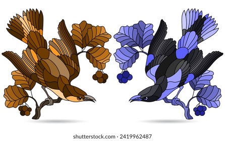 Set of illustrations in stained glass style with a birds, animals on branches isolated on a white background, tone blue and brown