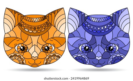 A set of illustrations in the stained glass style with the faces of cute cartoon cats, animals isolated on a white background,tone blue and brown
