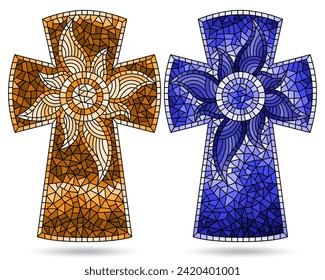 Set of illustrations in stained glass style with a Christian crosses, isolated on a white background, tone blue and brown