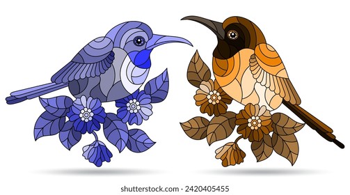 A set of illustrations in a stained glass style with cute birds and flowers, birds isolated on a white background, tone blue and brown