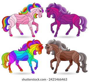 Set of illustrations in stained glass style with horses isolated on a white background