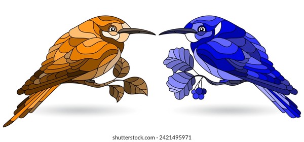 Set of illustrations in stained glass style with a birds, animals on branches isolated on a white background, tone blue and brown