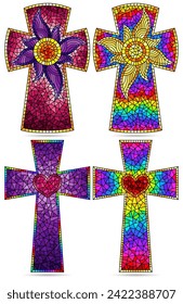 Set of illustrations in stained glass style with Christian crosses, figures isolated on a white background