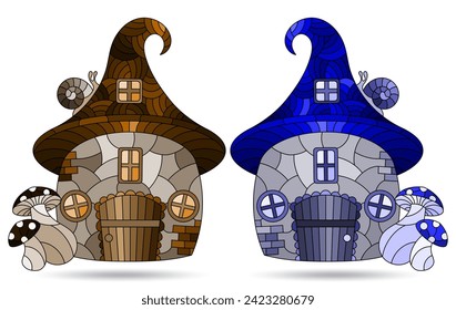 A set of illustrations in the stained glass style with dwarf houses, cozy houses in the form of mushrooms isolated on a white background, tone blue and brown