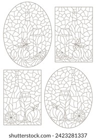 Set of illustrations in the stained glass style with still lifes, wine bottles, glasses and fruit, dark outlines on a white background