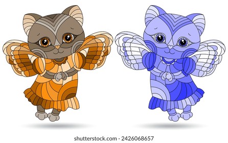 Set of illustrations in stained glass style with kittens fairies, animals isolated on a white background, tone blue and brown