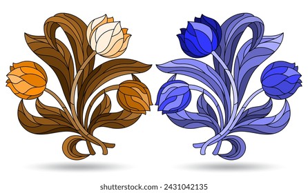 Set von Illustrationen in einem Buntglasstil mit Tulpenblumen, Blumen isoliert auf weißem Hintergrund, Ton blau und braun