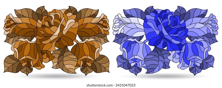 A set of illustrations in a stained glass style with bright rose flowers, isolated on a white background, tone blue and brown