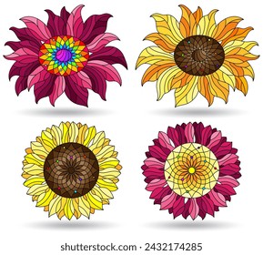 Set of illustrations in a stained glass style with bright flowers, flowers isolated on a white background