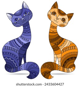 Set of illustrations in stained glass style with a cats, animals isolated on a white background, tone blue and brown