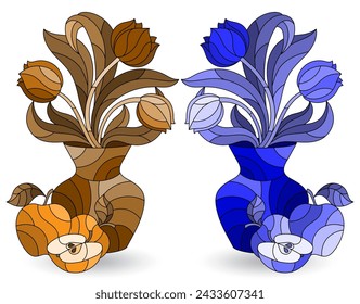 Set of illustrations in stained glass style with floral still lifes, Tulips flowers in vases isolated on a white background, tone blue and brown