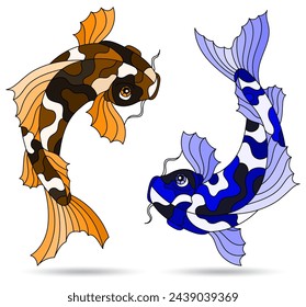 Set of illustrations in stained glass style with koi carp fish, isolated on a white background, tone blue and brown