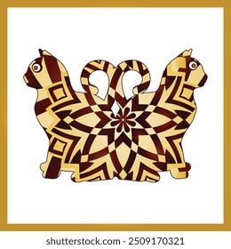 Set of illustrations in stained glass style with a cats, animals isolated on a white background, tone brown and blue
