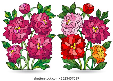 Set of illustrations in stained glass style with bouquets of peony, isolated on a white background