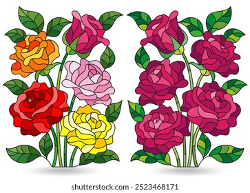 Set of illustrations in stained glass style with bouquets of rose flowers, isolated on a white background