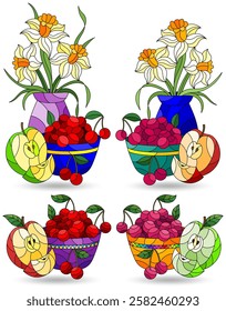 Set of illustrations in stained glass style with still lifes, fruits and flowers isolated on a white background