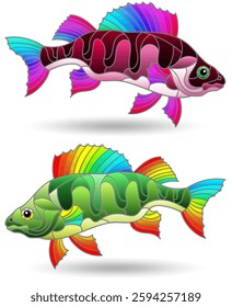 A set of illustrations in stained glass style with river basses, fishes isolated on a white background