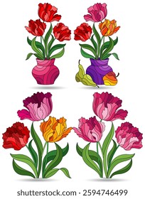 Set of illustrations in stained glass style with floral still lifes, Tulips flowers in vases isolated on a white background