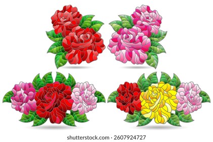 A set of illustrations in a stained glass style with bright rose flowers, isolated on a white background