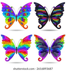 A set of illustrations in a stained glass style with bright butterflies, insects isolated on a white background
