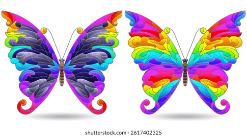 A set of illustrations in a stained glass style with bright butterflies, insects isolated on a white background