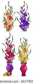 Set of illustrations in stained glass style with bouquets of gladioli flowers in vases and fruits, isolated on a white background