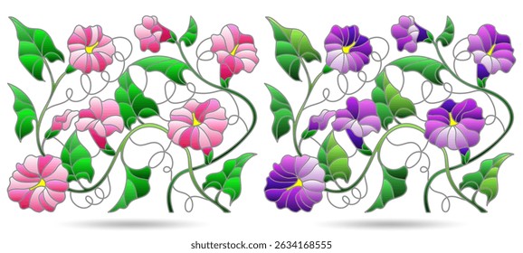 Set of illustrations in stained glass style with intertwined flowers and leaves, dark outlines on a white background