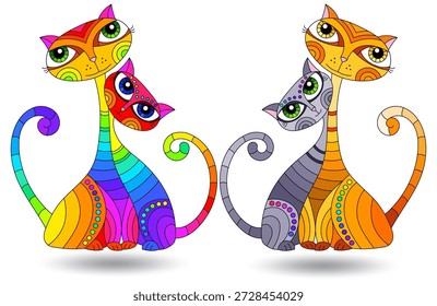 Set of illustrations in stained glass style with bright cats, animals isolated on a white background
