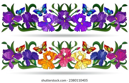 Un conjunto de ilustraciones de vidrieras con composiciones de iris, flores aisladas sobre un fondo blanco